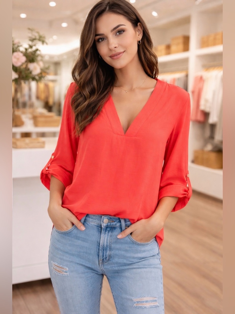 Express Coral Pink Blouse V Neck Roll Tab Sleeve Lightweight Top Size X Small